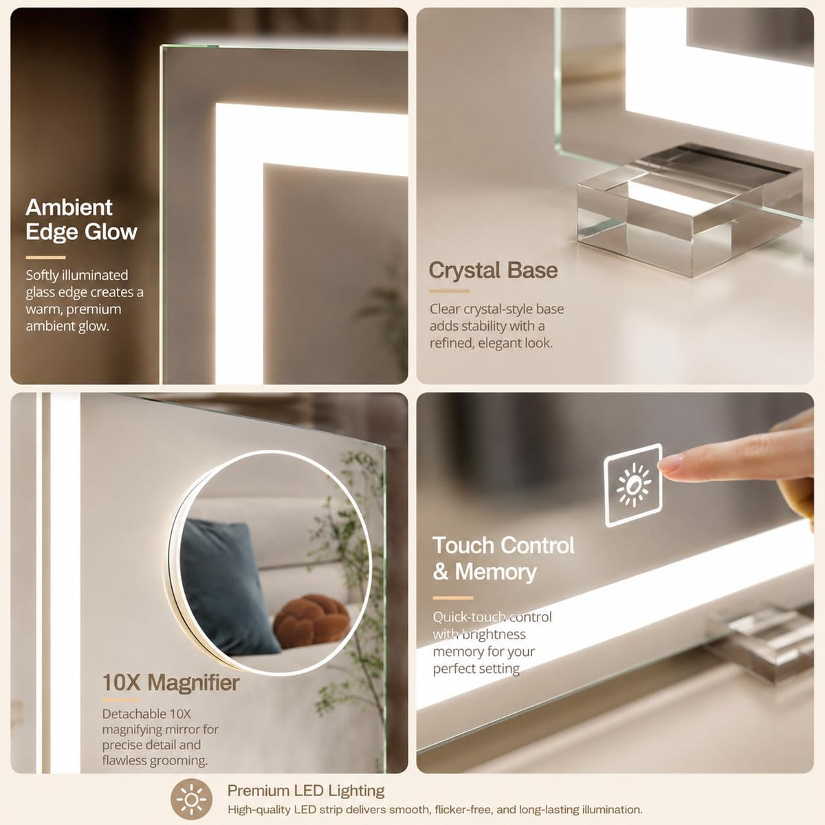HNV mirror offers tabletop or wall-mount flexibility to save space.