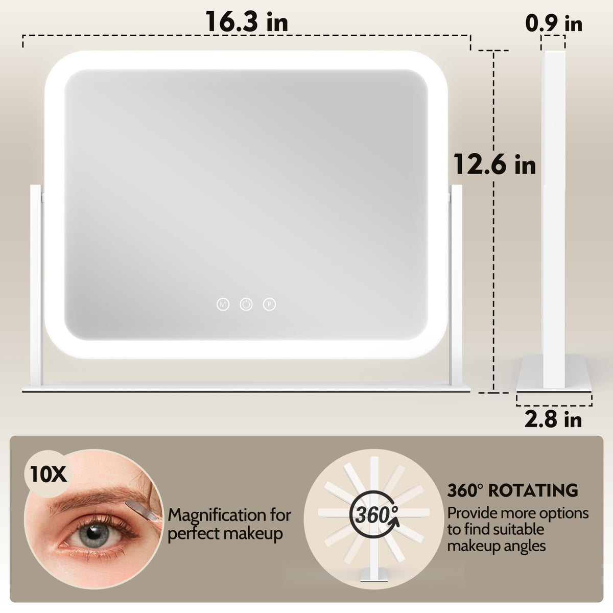 HNV lighted makeup mirror shows accurate lighting for daytime and evening looks.