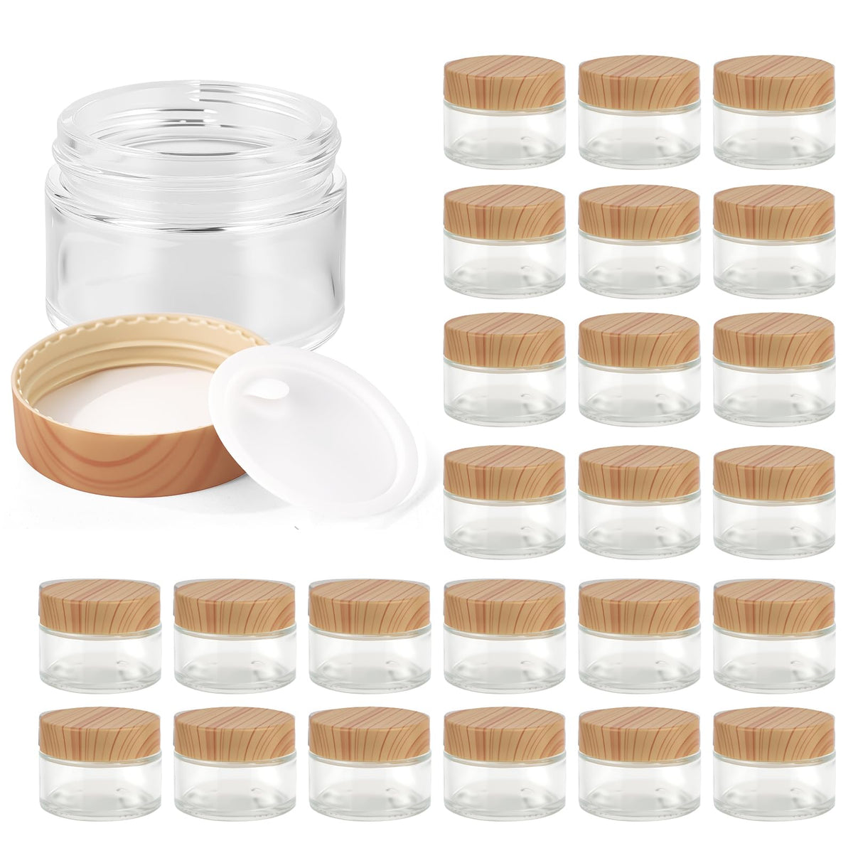 Hoa Kinh 1oz glass jar with woodgrain lid for travel storage.