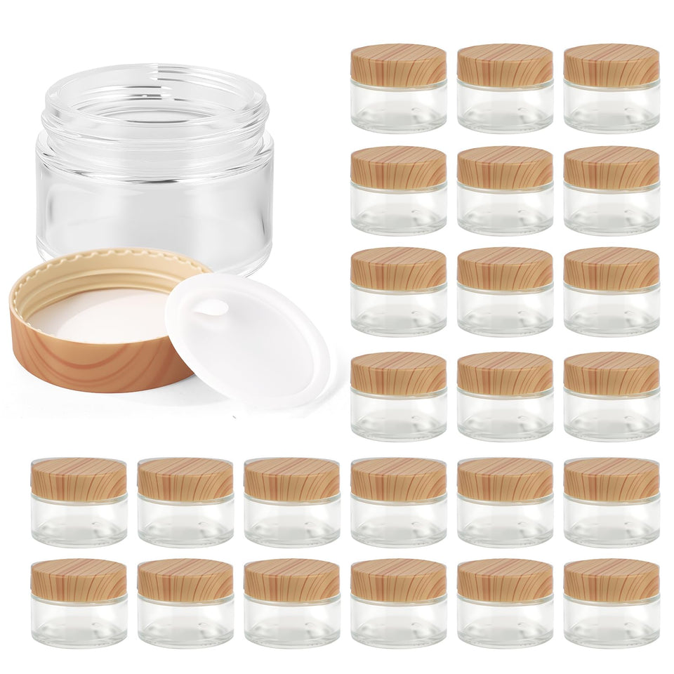 Hoa Kinh 1oz glass jar with woodgrain lid for travel storage.
