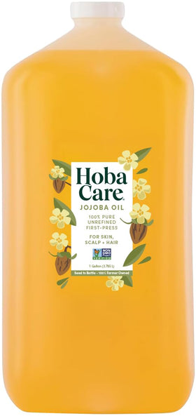 HobaCare bulk jojoba oil bottle shows pure formula for skin and hair care.