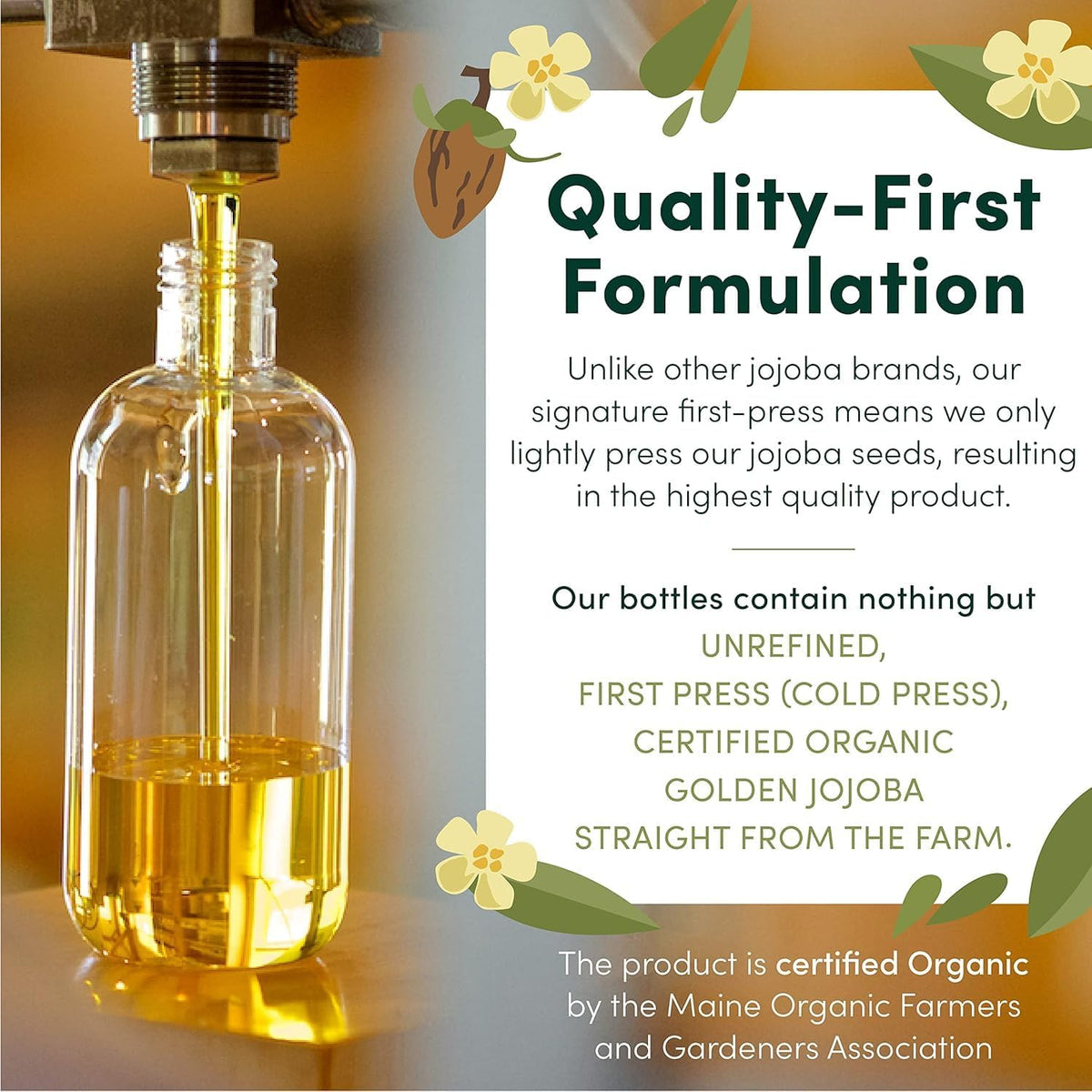 HobaCare hexane-free jojoba oil label, pure formula ideal for sensitive skin.