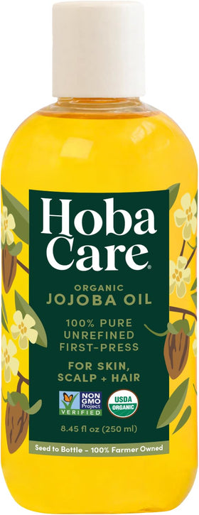 HobaCare Jojoba Oil bottle pour for easy, non-greasy skin hydration.