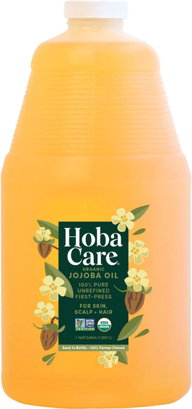 HobaCare jojoba oil bottle, clear liquid for facial care and daily hydration.