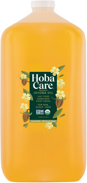 HobaCare Organic Jojoba Oil bottle with front label, ideal for daily facial hydration.