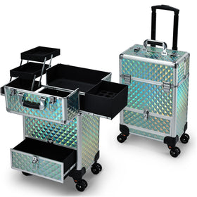 Hododou blue rolling makeup case with drawer for organized on-the-go makeup artists.