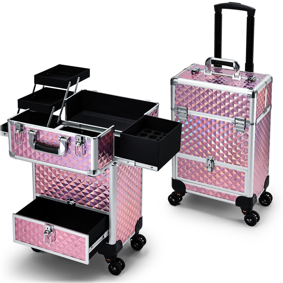 Hododou rolling makeup case front view with glitter pink surface for travel-ready styling