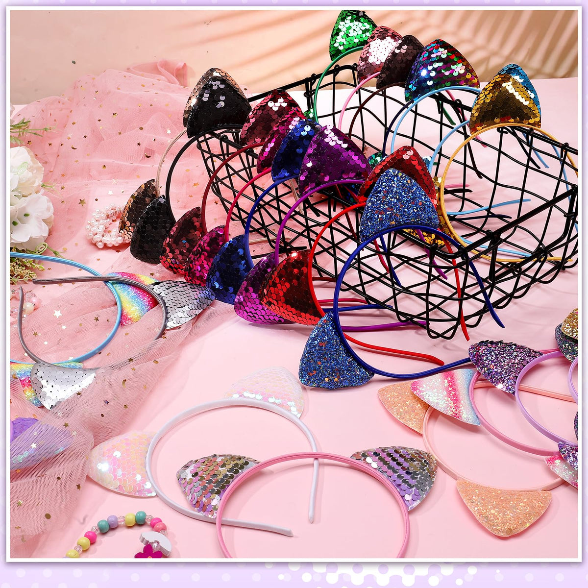 Hoemwarm fabric-covered headband with glitter details adds lightweight comfort.