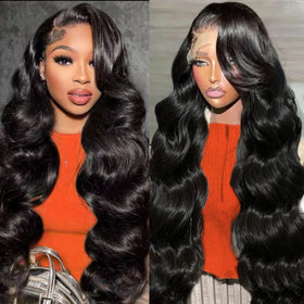 Hoisali 32-inch body wave wig front view with natural hairline and volume.