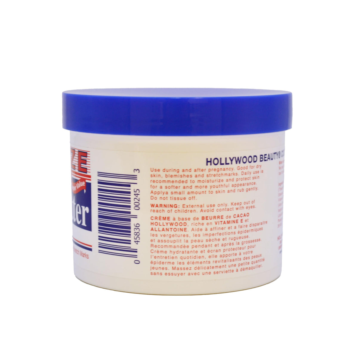 Hollywood Beauty Cocoa Butter Skin Cream label close-up showing Vitamin E benefits.