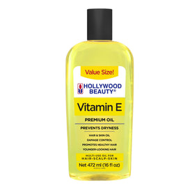 Hollywood Beauty Vitamin E Oil bottle promotes hydration for hair, scalp, and skin.