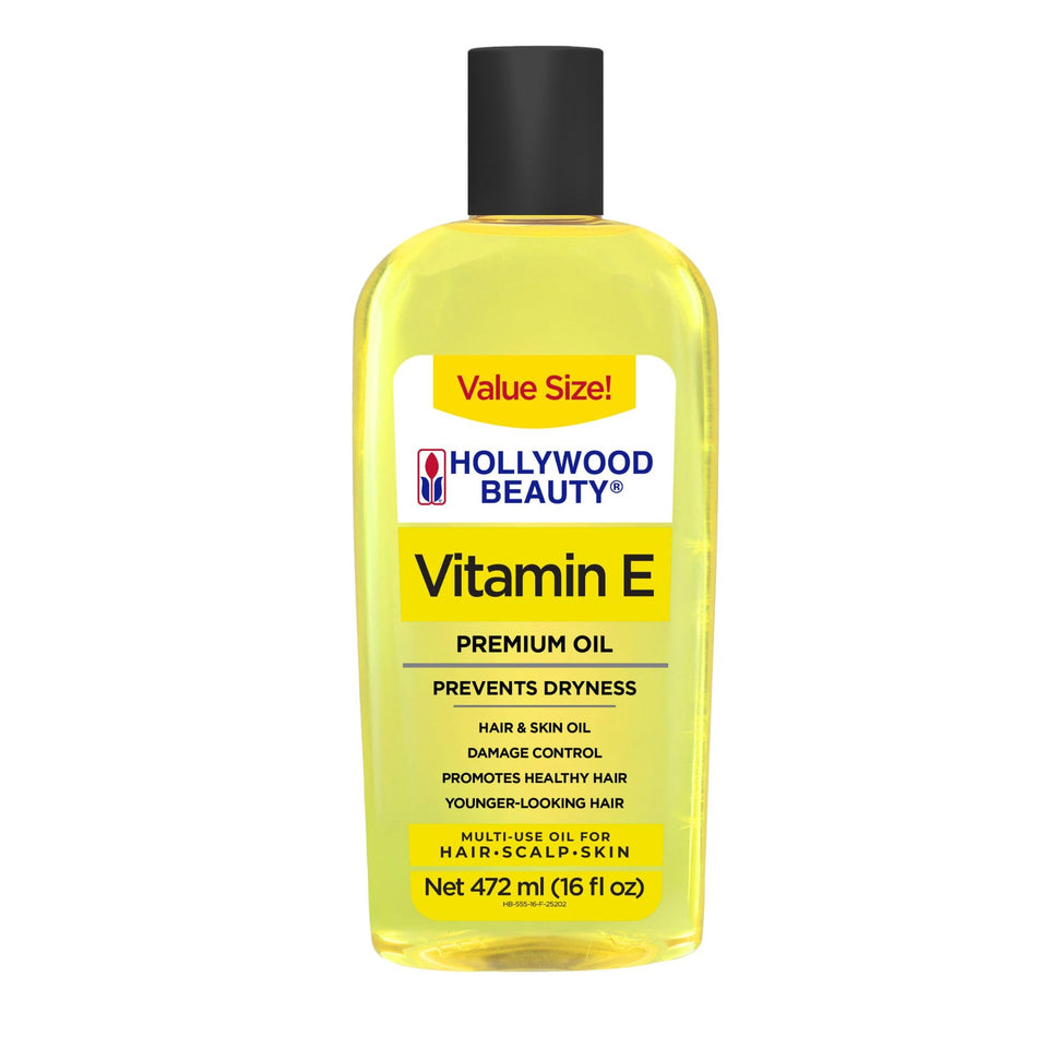 Hollywood Beauty Vitamin E Oil bottle promotes hydration for hair, scalp, and skin.