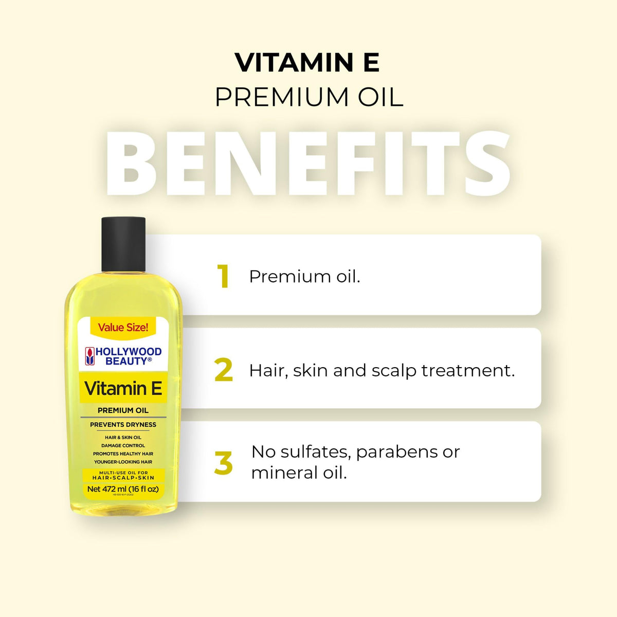 Hollywood Beauty Vitamin E Oil on hair adds natural shine.