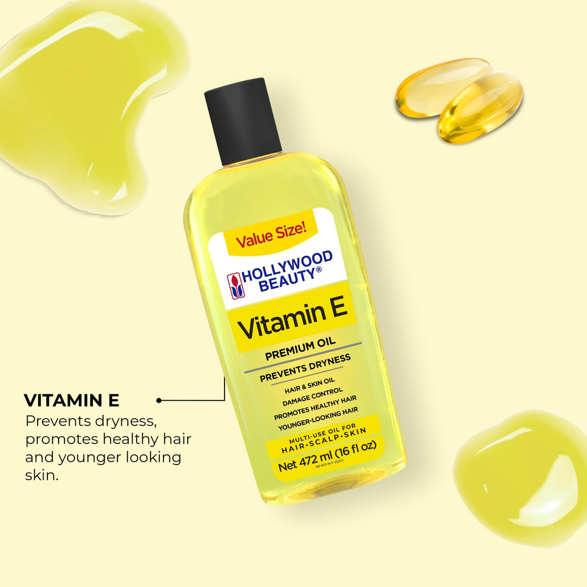 Hollywood Beauty Vitamin E Oil on scalp soothes dryness.