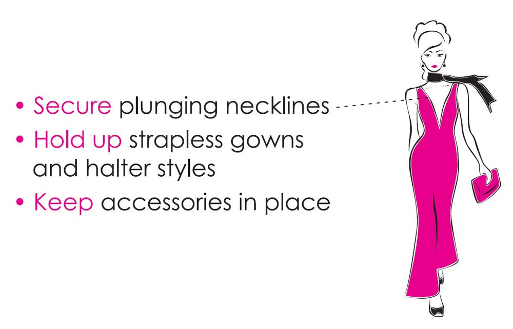Hollywood Fashion Secrets fashion tape on-hem demonstrates reliable garment fastening without pins.