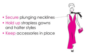 Hollywood Fashion Secrets fashion tape on-hem demonstrates reliable garment fastening without pins.