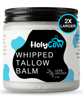 HolyCow whipped tallow balm jar shows unscented formula for sensitive skin.