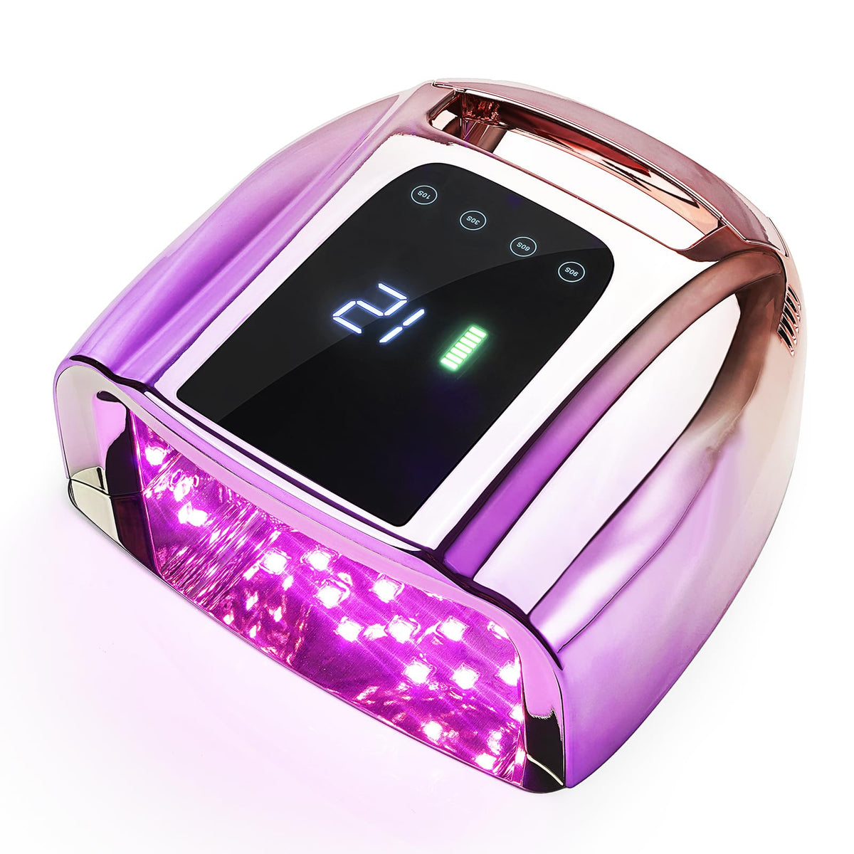 HOLYNOTES professional UV LED nail lamp front view in purple with fast curing potential.