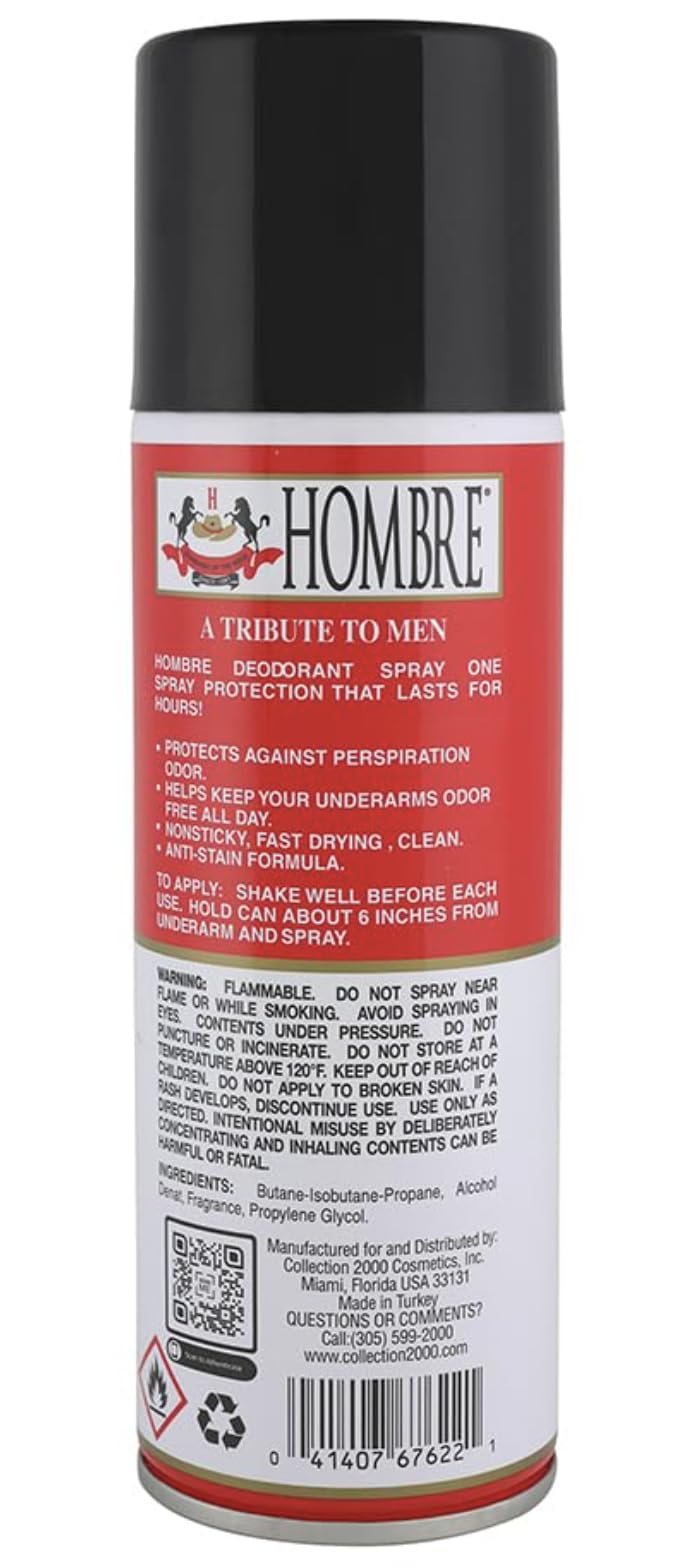 HOMBRE Red Deodorant Bottle back view showing gentle, skin-friendly formula
