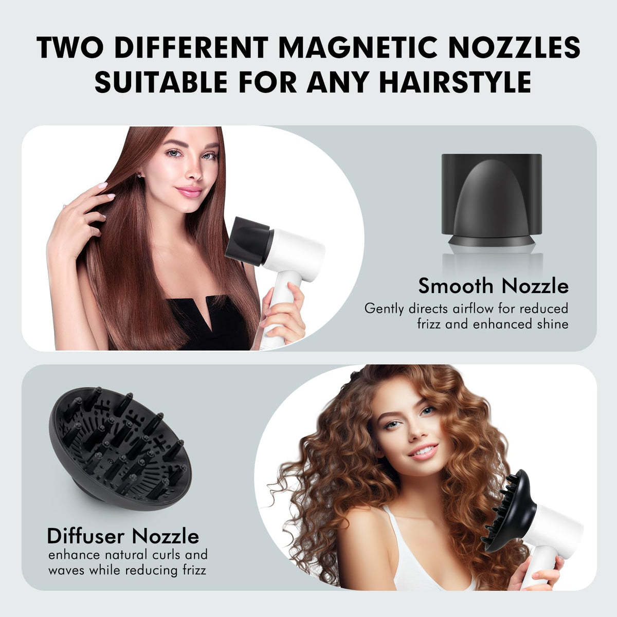 Homdigrk diffuser and nozzle attachments add curl definition and precision.