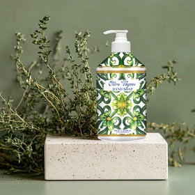 Home & Body Company Dolce Breeza French Lavender pattern bottle adds calming vibe to bathroom.