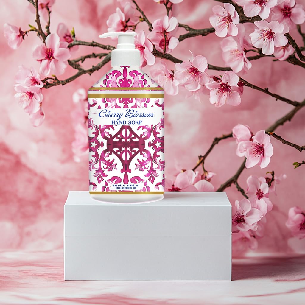 Home & Body Company Dolce Breeza Olive Thyme bottle showcases tile-inspired decor for sinks.