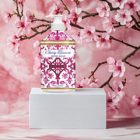 Home & Body Company Dolce Breeza Olive Thyme bottle showcases tile-inspired decor for sinks.