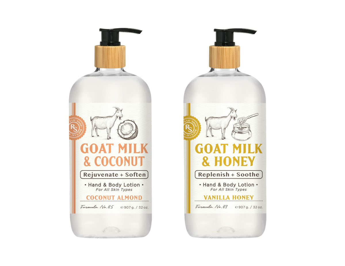 Home and Body Company goats milk hand lotion, coconut almond bottle pour for smooth skin.