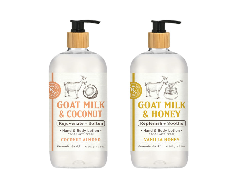 Home and Body Company goats milk hand lotion, coconut almond bottle pour for smooth skin.