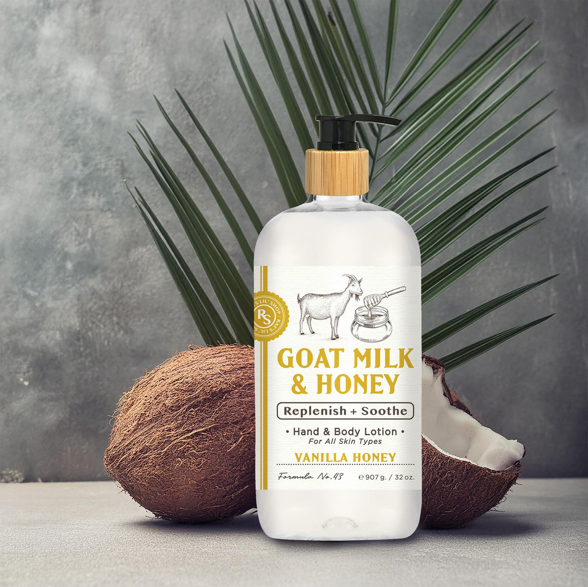 Home and Body Company goats milk hand lotion creamy texture application closeup moisturizes dry skin.