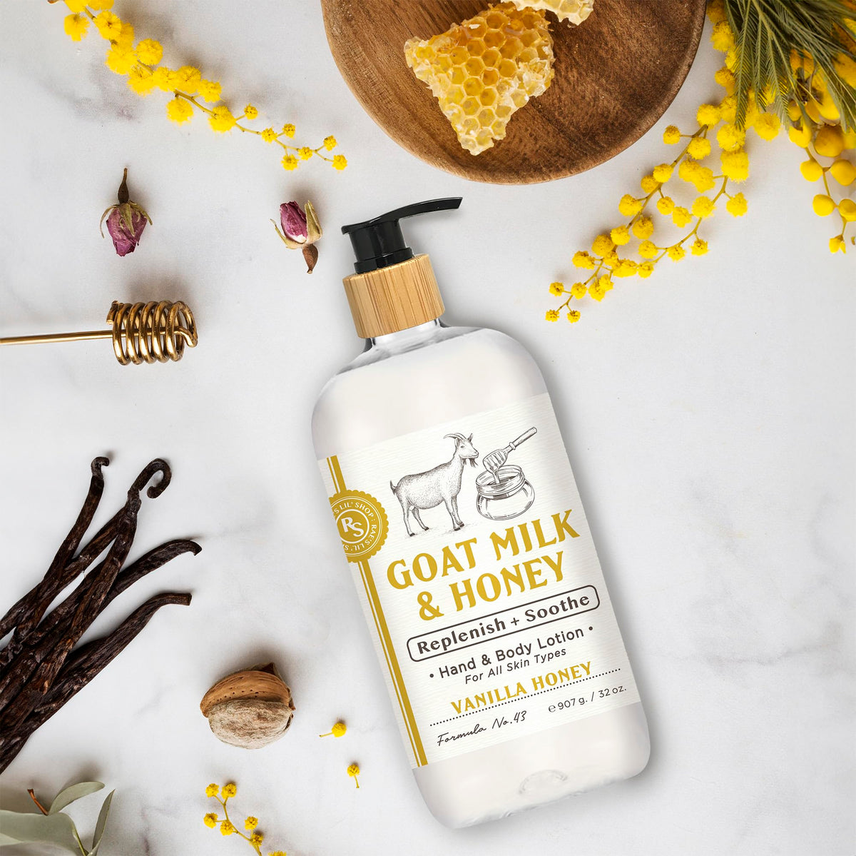 Home and Body Company goats milk hand lotion vanilla honey label closeup hydrates daily.