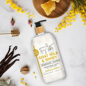 Home and Body Company goats milk hand lotion vanilla honey label closeup hydrates daily.