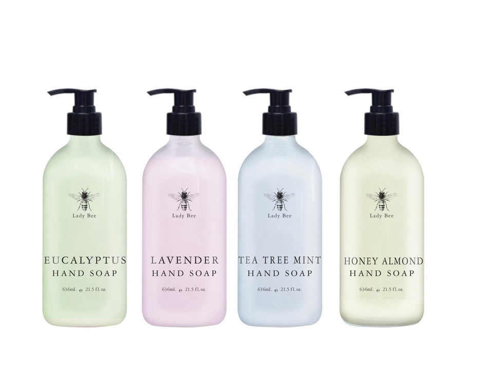 Home & Body Company Lady Bee hand soap set with eucalyptus bottle pump for refreshing hand cleansing.