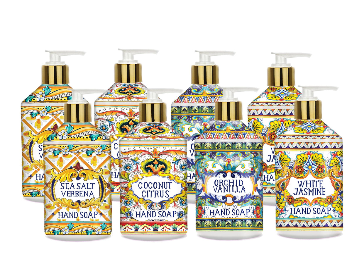 Home & Body Company Villa Flora Sea Salt Verbena bottle with Mediterranean pattern enhances sink decor