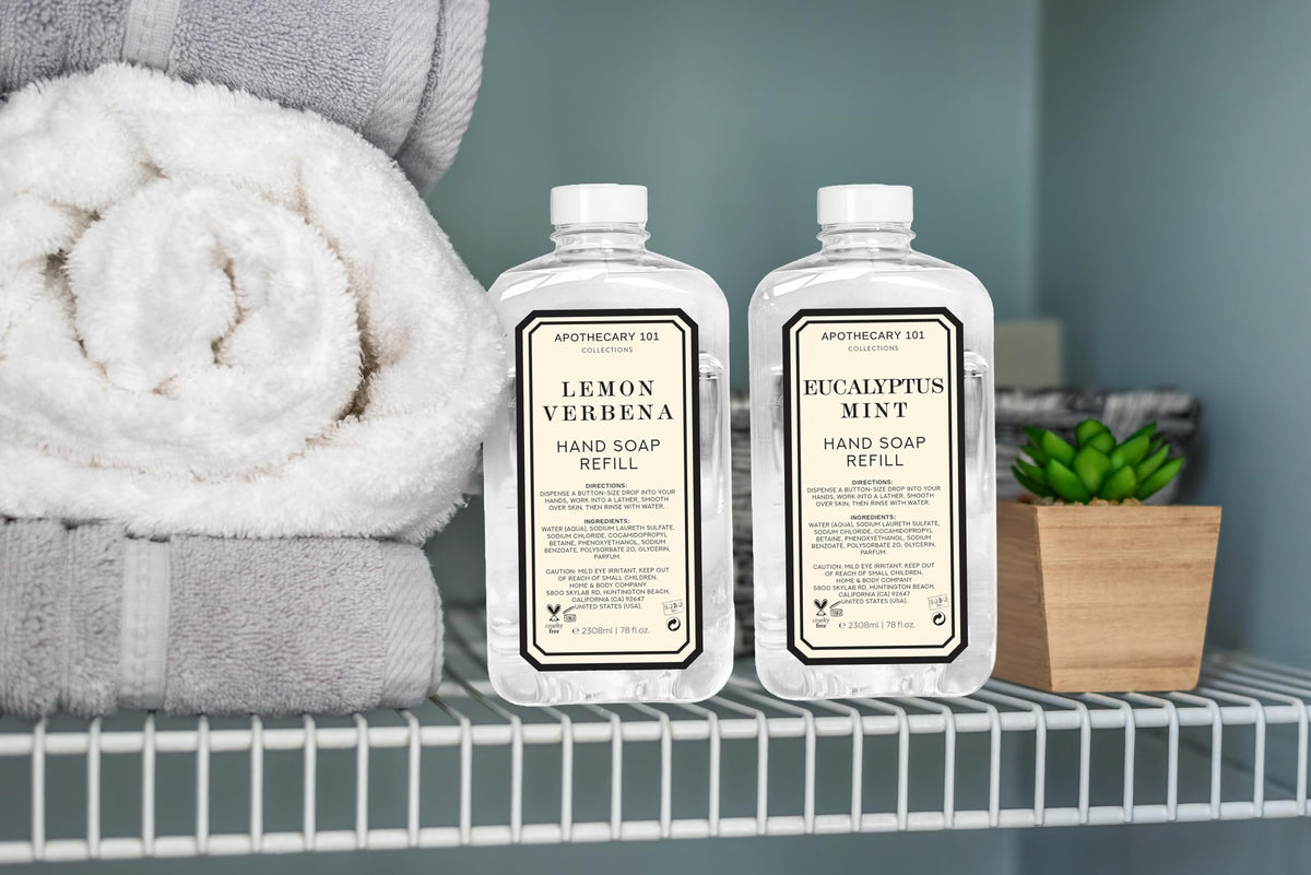 Home & Body Apothecary 101 hand soap refills ready to replenish your dispenser