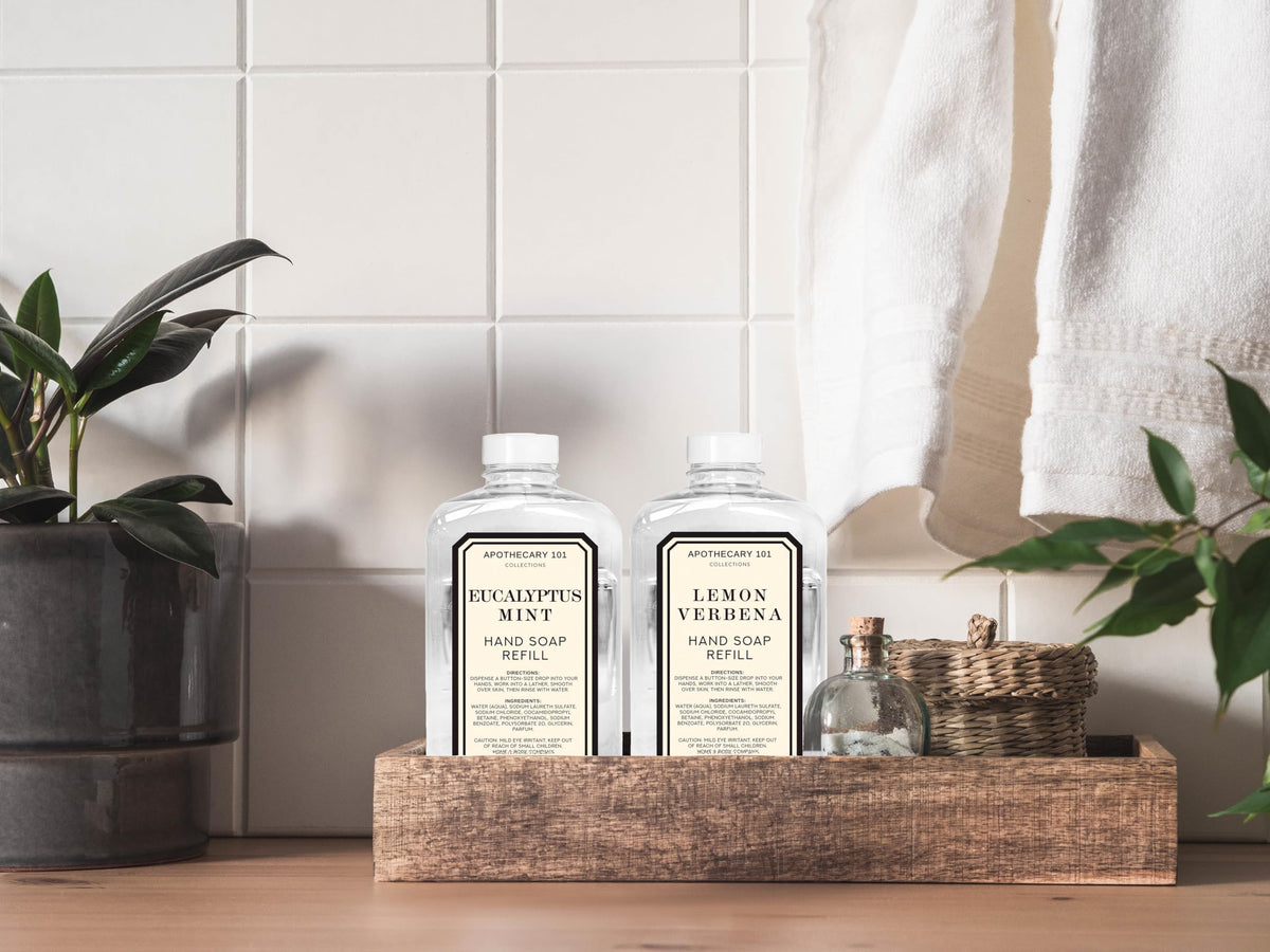 Home & Body Apothecary 101 eucalyptus mint refill bottle delivering refreshing handwashing