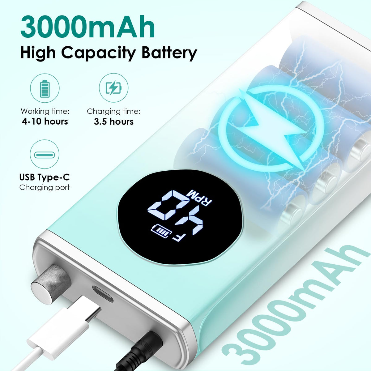 Dual rechargeable batteries powers long sessions between charges