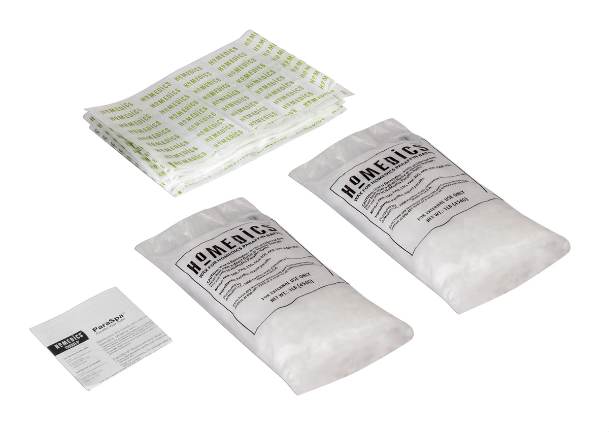 Homedics paraffin wax refill includes 20 plastic liners for heat retention