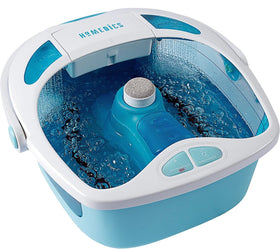 HoMedics Shower Bliss Foot Spa front view highlights compact design for easy storage.