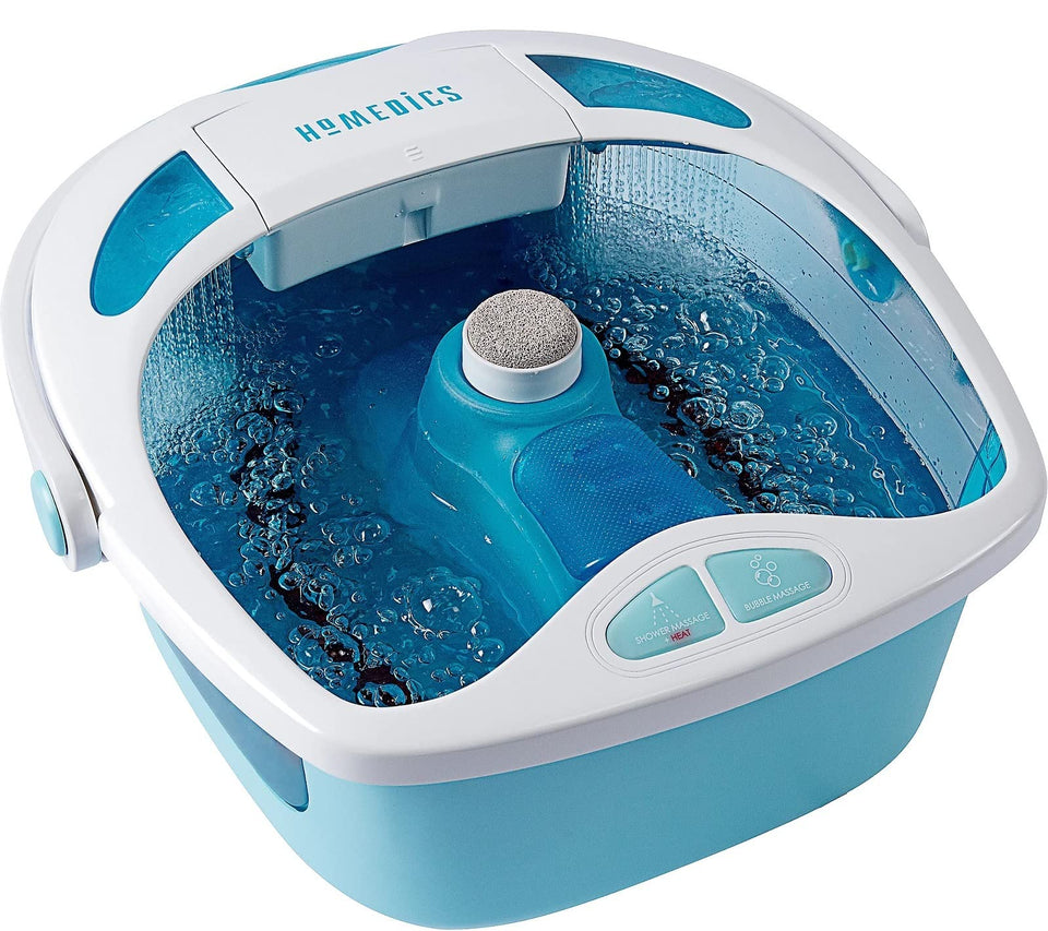 HoMedics Shower Bliss Foot Spa front view highlights compact design for easy storage.
