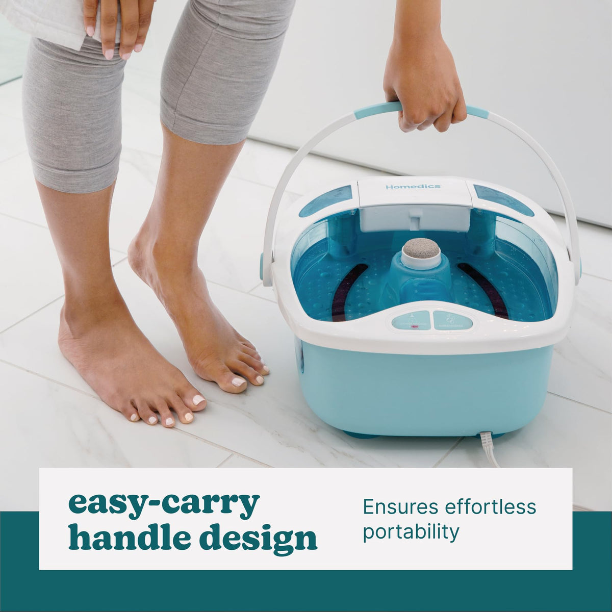 HoMedics Shower Bliss Foot Spa heat boost demonstrates quick warm water transformation.