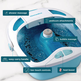HoMedics Shower Bliss Foot Spa pedicure center showcases pumice, brush, and roller attachments.