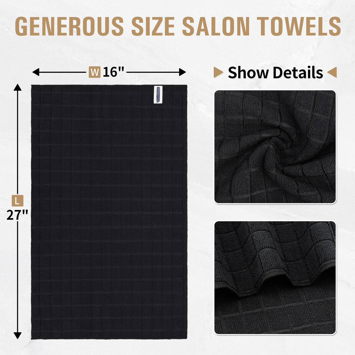 HOMERHYME black salon towels 16x27 inches, durable color-fast for barbers and stylists