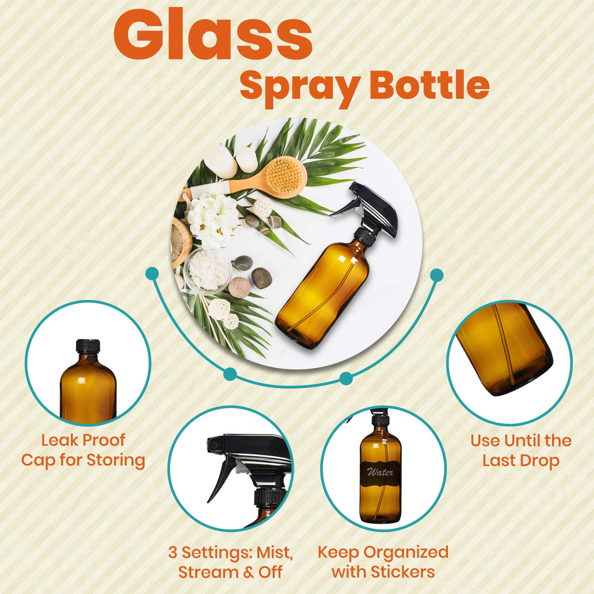 Homeries spray bottle with amber glass and mist settings for easy cleaning.