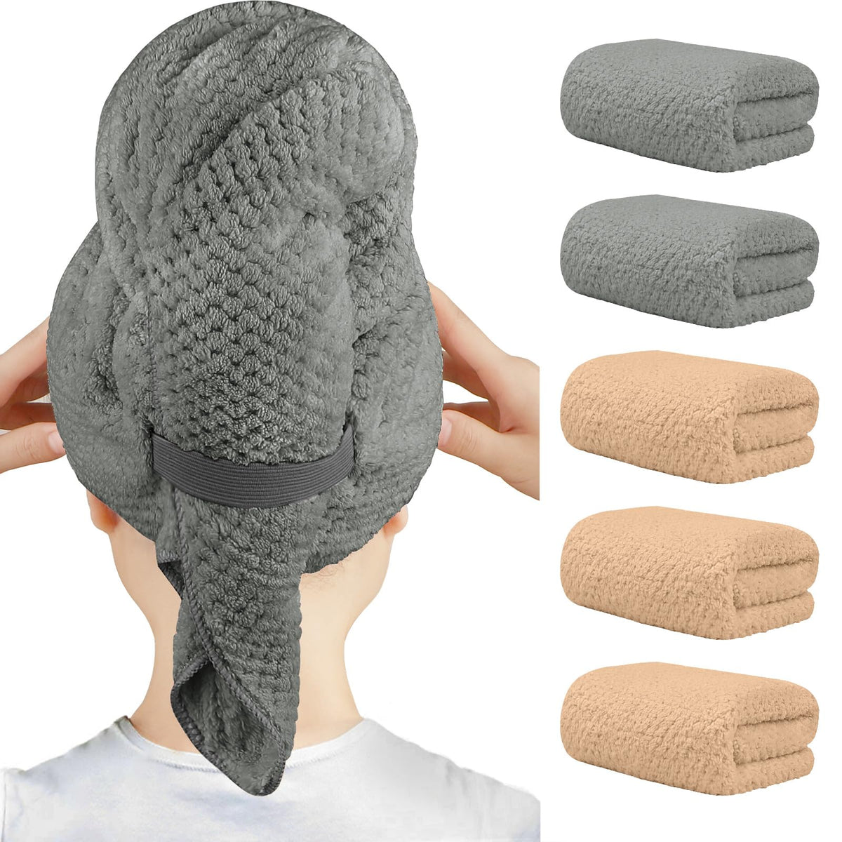 HOMEXCEL 5-pack microfiber hair towels offer full coverage for quick drying.