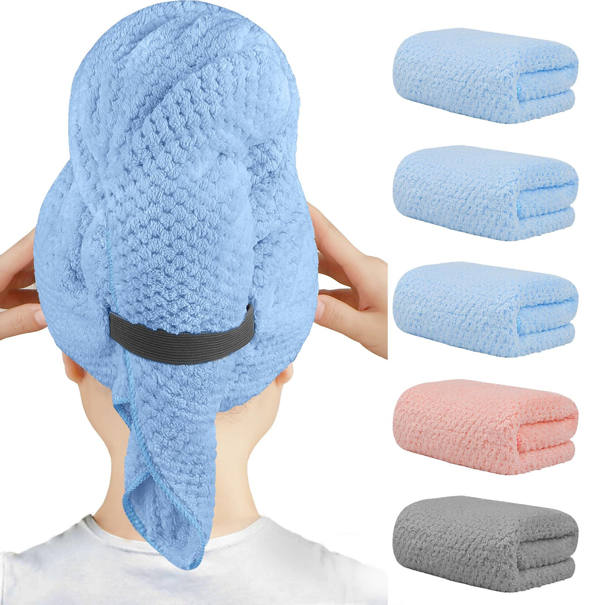 HOMEXCEL blue microfiber hair towel folded, showcasing large coverage for fast drying