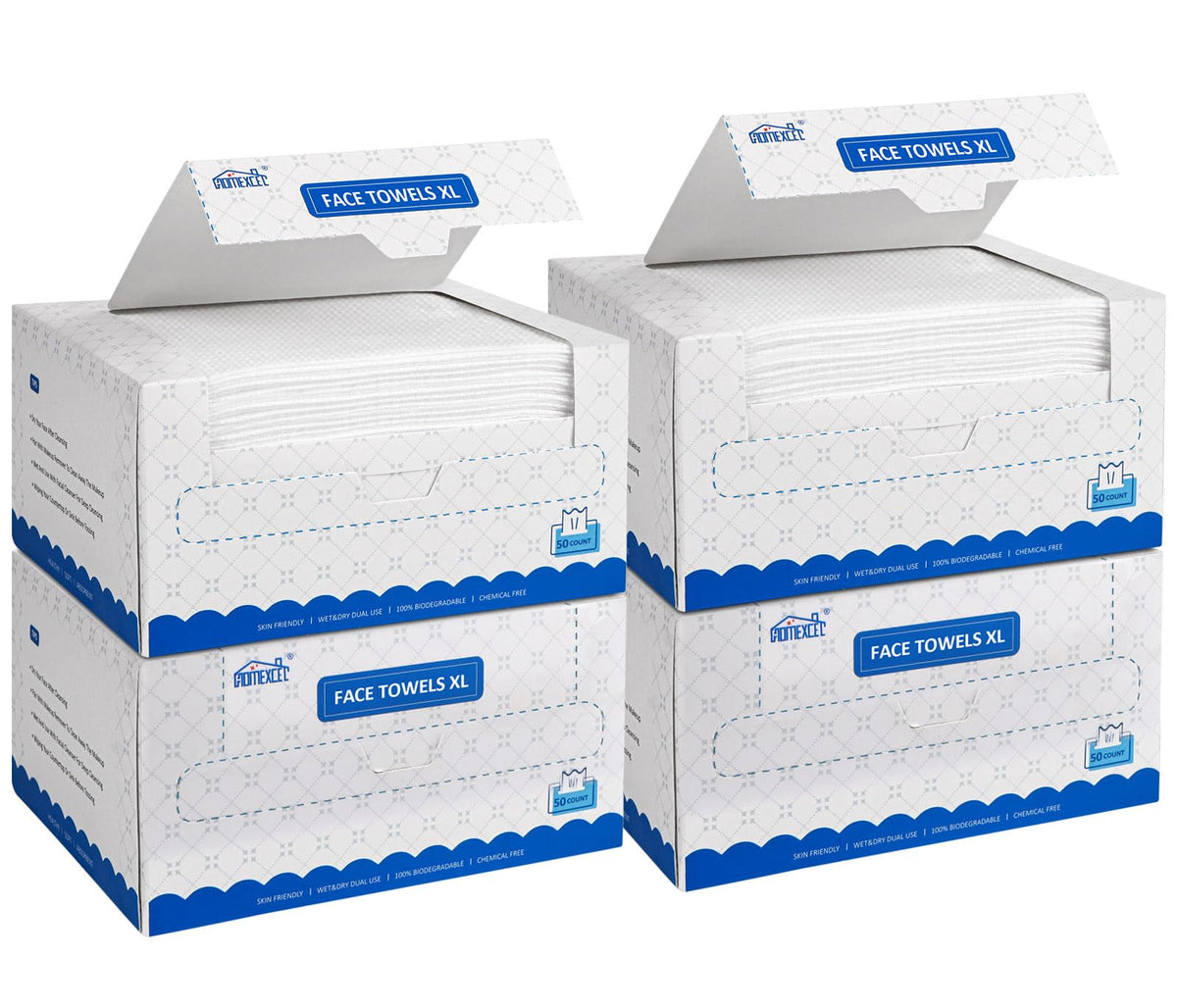 HOMEXCEL Face Towels box overview showing four-box packaging for home convenience.