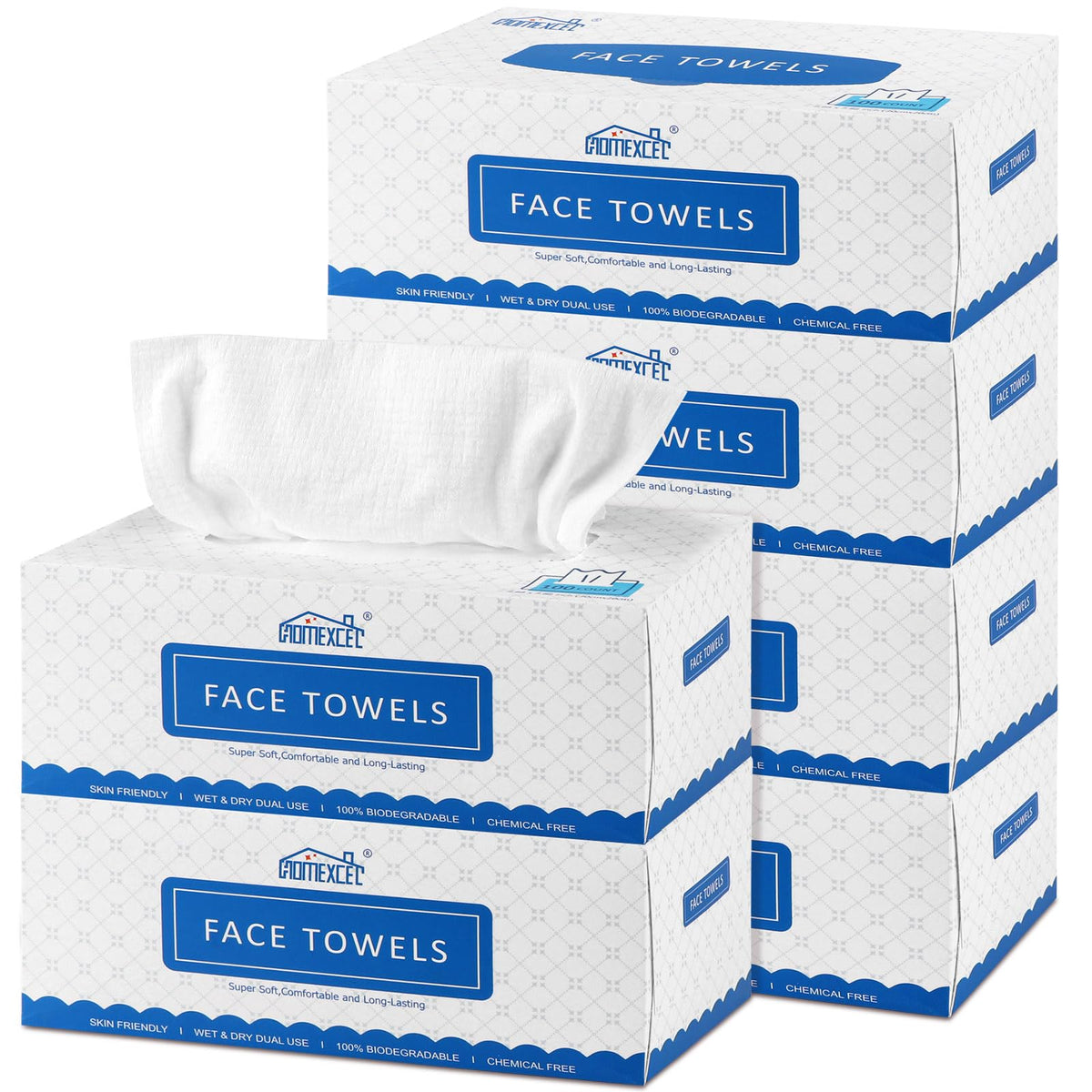 HOMEXCEL face towels box pack for convenient storage and travel.
