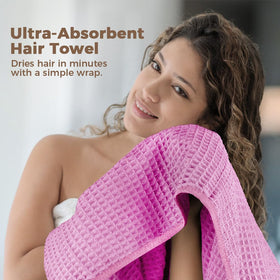 HOMEXCEL blue-pink microfiber towel dries thick curls with reduced frizz.