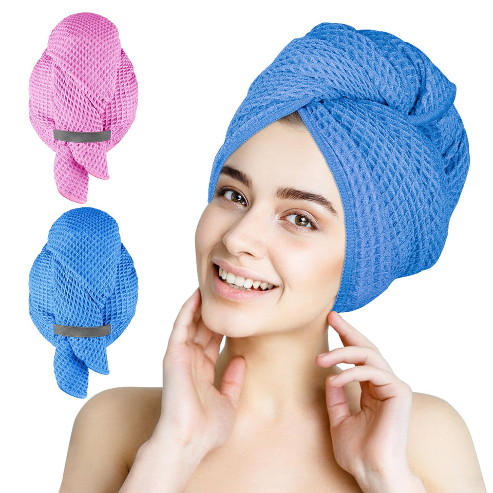 HOMEXCEL oversized blue-pink hair towel flatlay highlighting fast drying and full coverage.